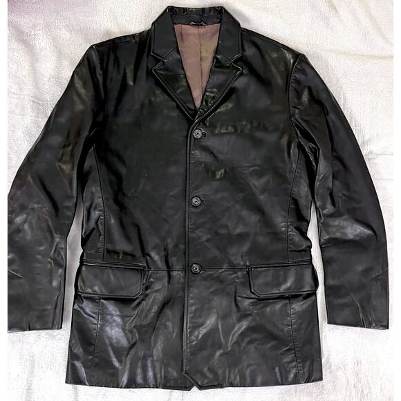 Vintage Banana Republic Black Leather Three Button Jacket Mens M Made In Korea - Picture 2 of 14
